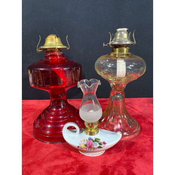 Hurricane Lamps; Red 11H, Clear 11.5H, Floral 6.5H