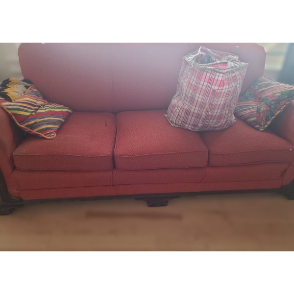 Vintage Couch w/ Wood Trim 81 W, 31 D, 30 T, Cushions and Blankets Shown Included