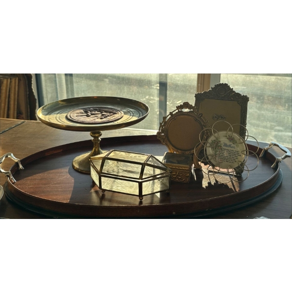 Unique Shaped Jewelry Casket w/ Brass Pedestal TAZZA Decorative French Serving Tray 