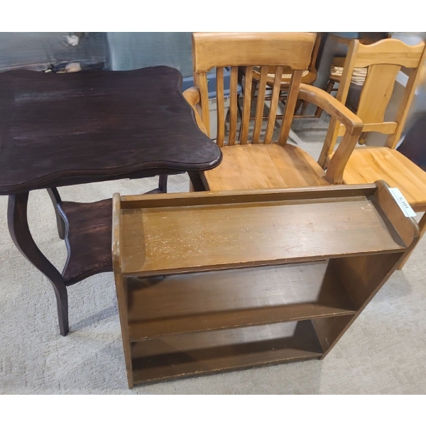 Wood Swivel Desk Chair on Castors 22 1/2 w 27 l 33 h. Dark Wood Side Table 22 w 20 1/2 l 30 h