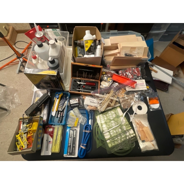 Large Miscellaneous Collection of Components, Glues and Cleaners, Epoxy, Templates, Xacto Knife Set,