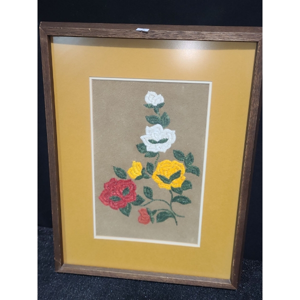 Untitled: Floral, Artist: Mary Louise Sangris,Porcupine Quills on Leather Framed Under Glass 16 x 21