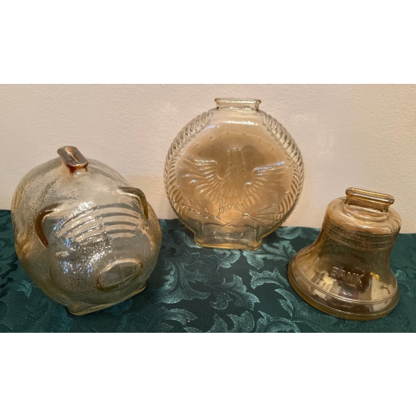 Liberty Bell Coin Bank, Bicentennial Coin Bank, & Marigold Carnival Glass Piggy Bank