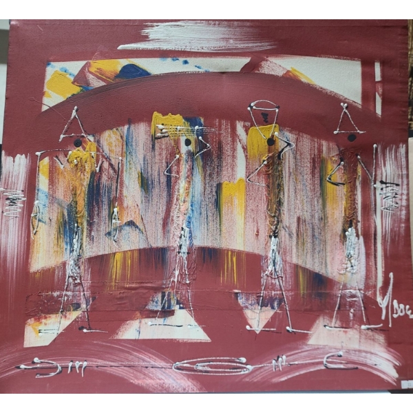 Abstract of Figures Walking w/Supplies, Artist Illegible,  28 x 25  Paint Print on Canvas