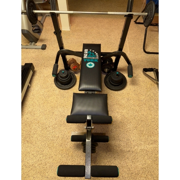 York Folding Weight Bench & Barbell /Weight Plates w/Leg Extension  69x62x48"tall