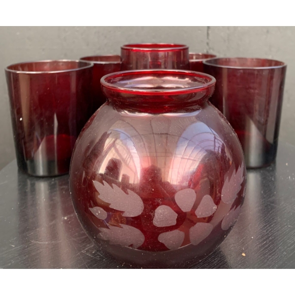 Vintage Anchor Hocking Cranberry Glass Vase & Cranberry Glass Tumblers (5)