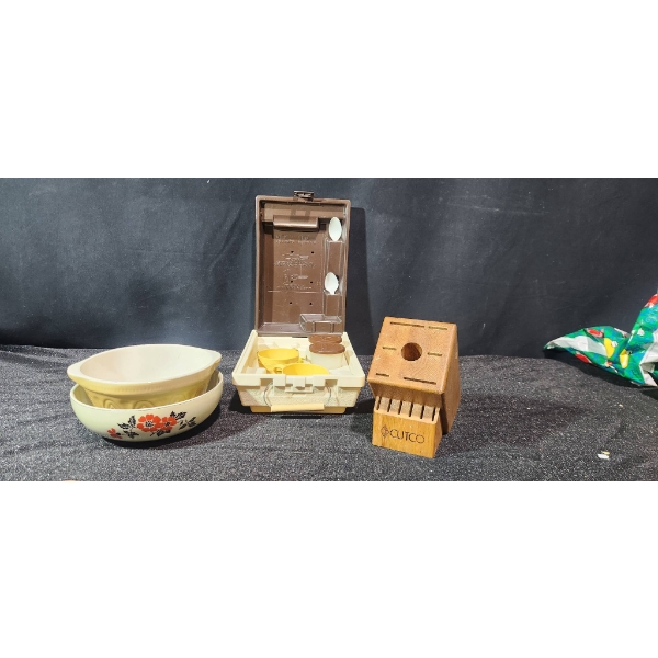Vintage Housewares Lot Featuring Bowls, Cutco Knife Block, and Kar-N-Home Set