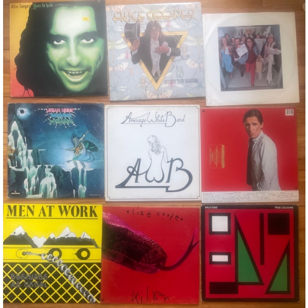 Collection Of Vinyl Albums  Records  Alice Cooper, Average White Band, Men At Work, Split Ends, & De
