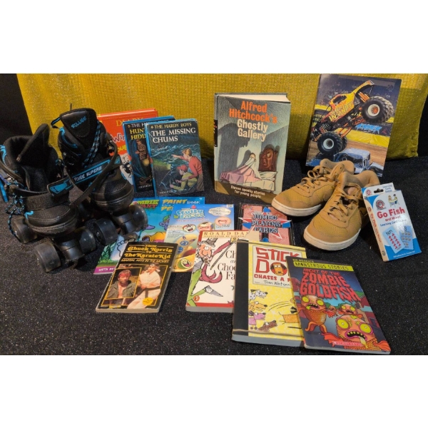 Hardy Boys and Various Books, Rollerblades, Shoes, and Kid Activities