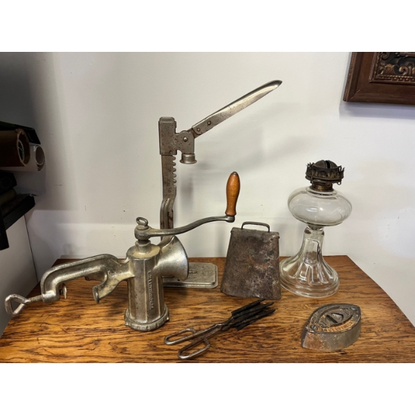 Vintage Cast Iron Meat Mincer or grinder Porkert model made in Czechoslovakia. Vintage cowbell, hair