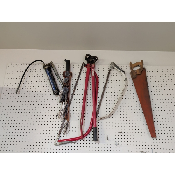 Saw Collection w/ Grease Gun & Machete In Tasselled Leather Sheath