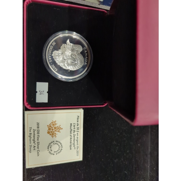 2019 Zentangle Art Bighorn Sheep Proof Silver 99.99% 157.6g (misprinted 2018)