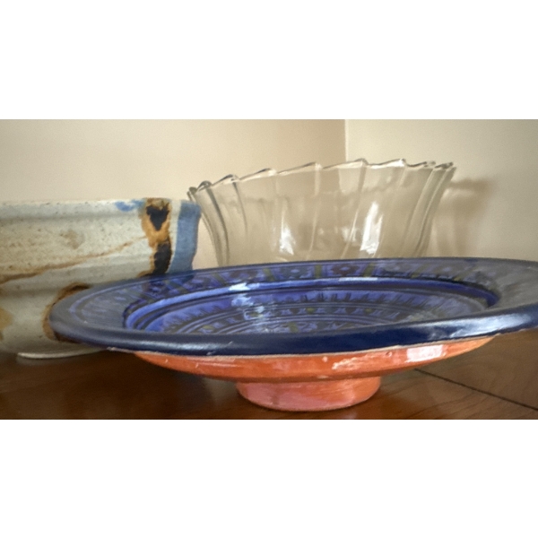 Three Bowls: Ceramic, Glass, and Decorative Blue Plate