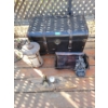 Image 2 :  Vintage Steamer Trunk Genuine Leather, Electric Lamp, Metal Trays (2), Antique Glass Doorknobs and 