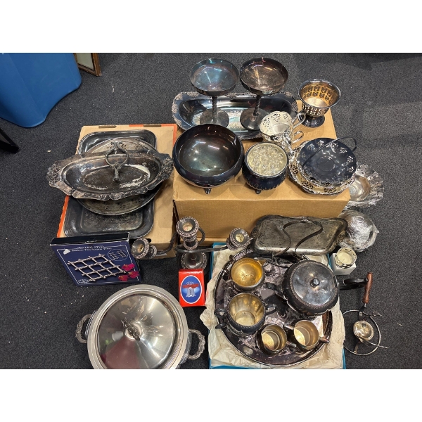 Various Silver Plated Dishes, Servings Trays, Cups, Candle Holder, Teapot