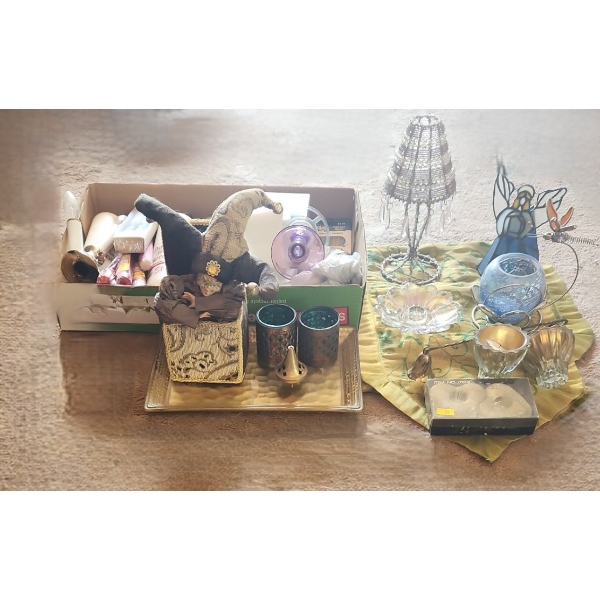 Candleholders: Beaded Shade 9 T, also: Jester Music Box, Glass Tray 12 X 8, Table Runner and More!