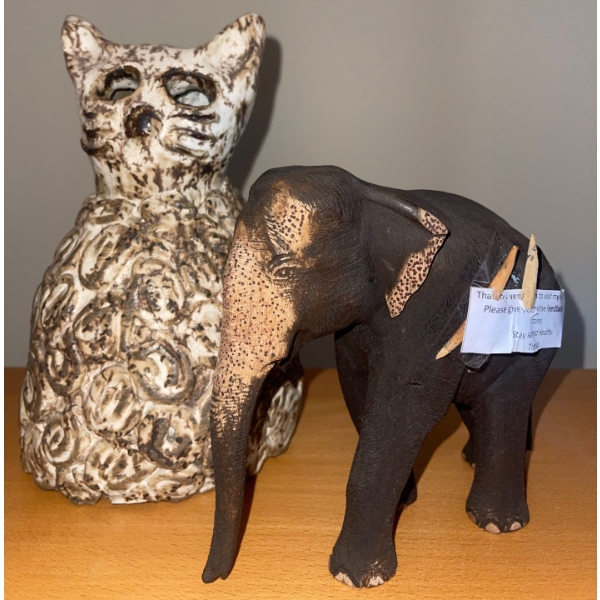 Pottery Like Built Cat & Elephant Sculpture  Cat=9"tall Elephant=6" tall