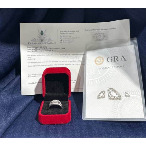 1ct Round Moissanite with 38 Cubic Zirconium Chips Set in Sterling Silver Ring