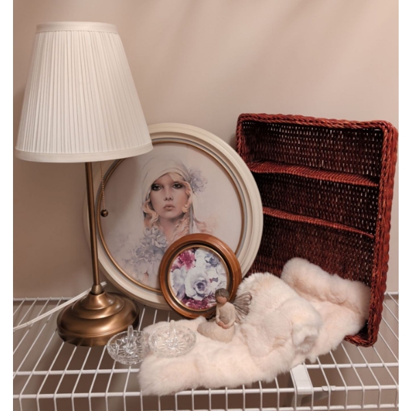 Cozy Home Essentials - Bronze Table Lamp Basket Organizer Rabbit Fur & Decorative Wall Art