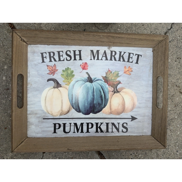 Decorative Lot: Pumpkin Tray, Wall Clock, Metal Panel