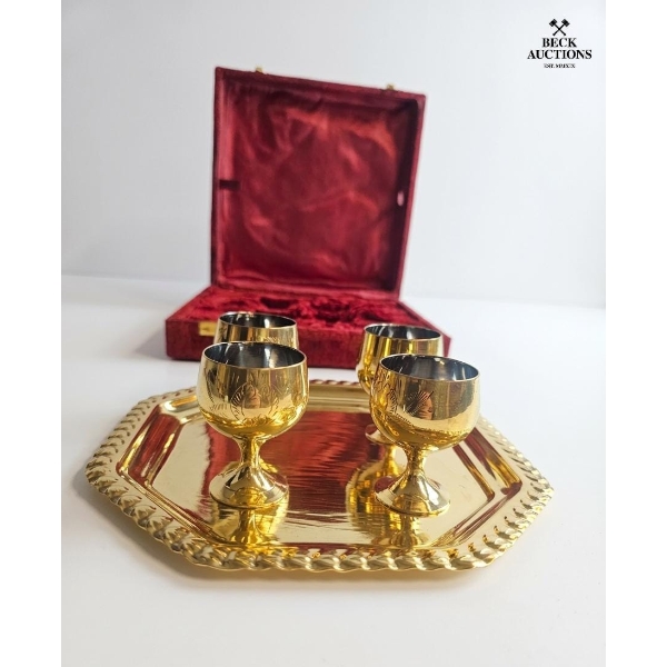 Vintage Brass Goblet Set And Tray, Commonly Manufactured In India.