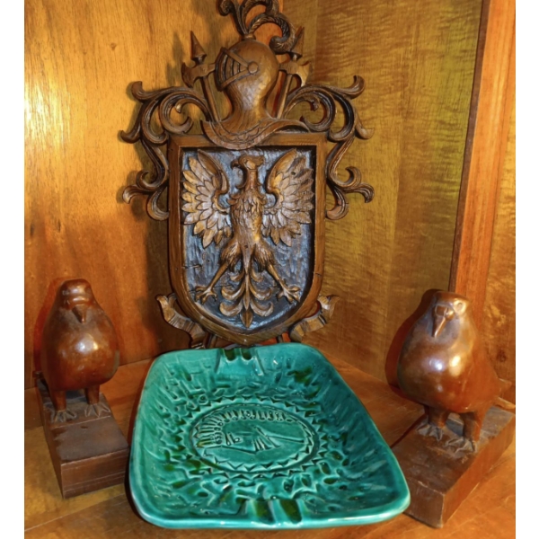 19th Century Green Majolica Aztec Ashtray & Carved Wood Coat of Arms Crest Wall Hanging + Two Hand C