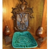 Image 1 : 19th Century Green Majolica Aztec Ashtray & Carved Wood Coat of Arms Crest Wall Hanging + Two Hand C