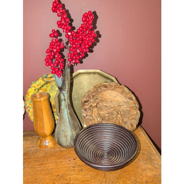 Assorted Decor - Heavy Metal Vase 10T Faux Berries Ribbed Bowl & Decorative Plates 