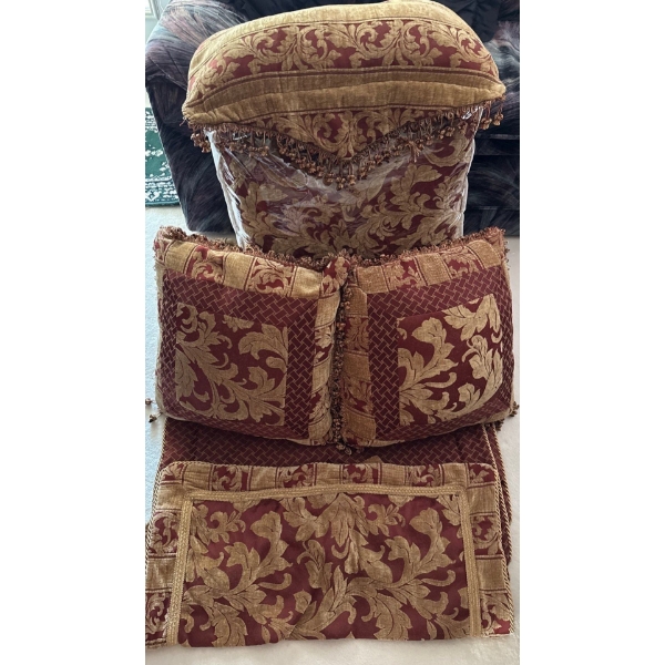 Embroidered Scarlett & Gold Chenille Fringed Decorative Bed Accents 