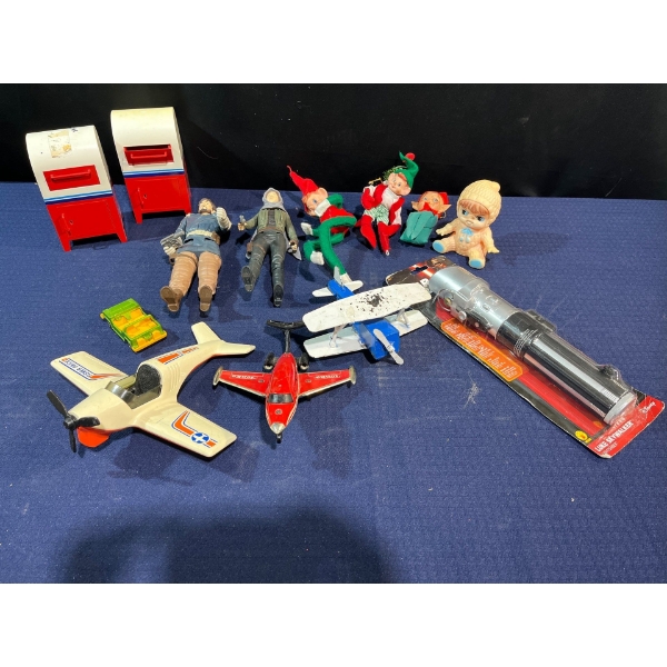 Box Of Vintage Toys, Airs Planes, Star Wars Figures, Elf Collection, Light Saber Toy and More