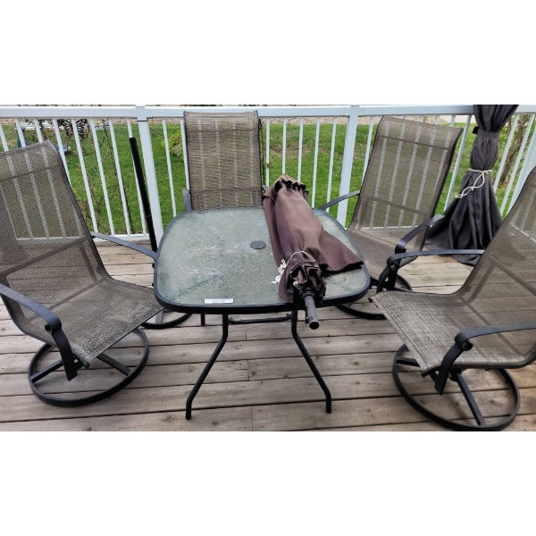 Outdoor Patio Set with Table, Umbrella, and Four Chairs