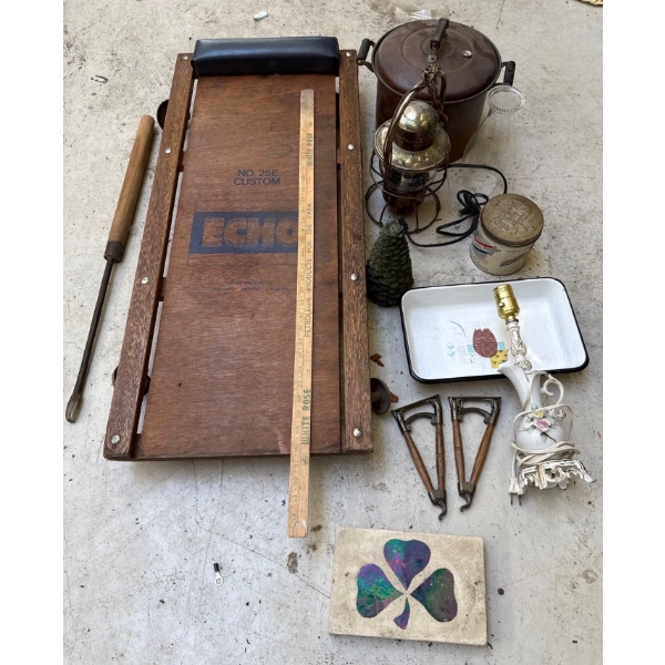 Antique & More Collection - Echo Mechanics Bench, Floral Lamp Stand, Metal Pot, Lights and More
