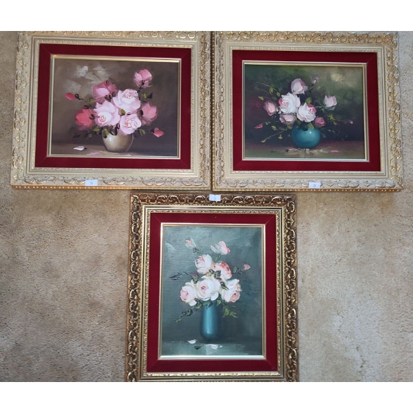 Three Rose Paintings w/ Velvet Trim Frame 14 X 12, 12 X 14