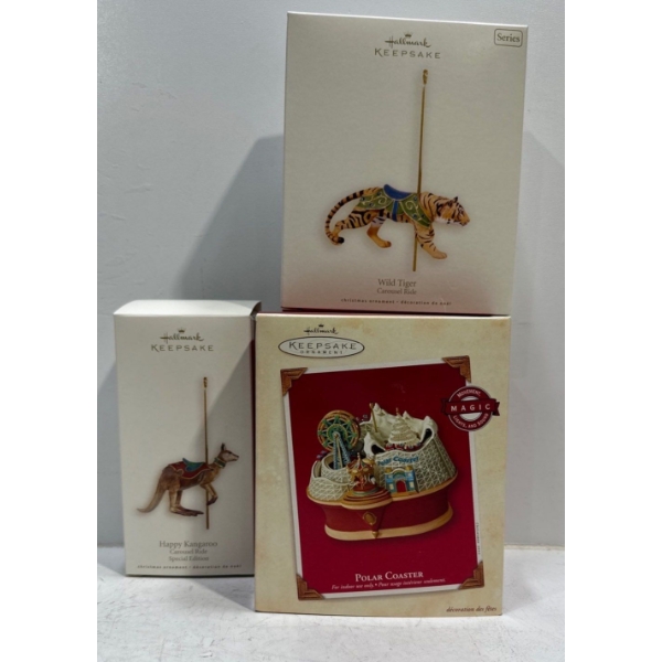 Polar Coaster, Wild Tiger Carousel Ride, Happy Kangaroo Carousel Ride Hallmark Ornaments
