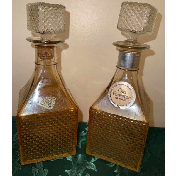 Old Forester Bourbon Bottles- Marigold Carnival Glass- Printed Labels