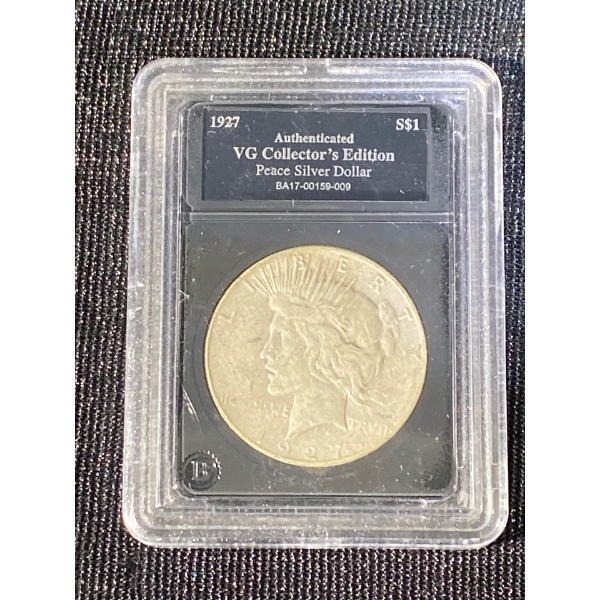 1927 Authenticated VG Collectors Edition Peace Silver Dollar American Coin
