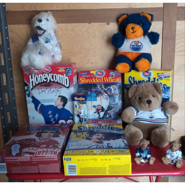 OIlers Toy Bears and Wayne Gretzky Cereal Boxes. Some Boxes have Cereal