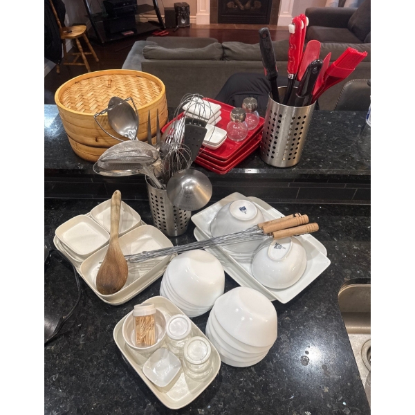 Entertaining Essentials - Stoneware Bento Set Ivory Soup Bowls Kitchen Utensils Bamboo Steamer & mor
