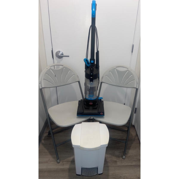 Bissell Power Force Compact Upright Vacuum w/Cannister + Two Folding Chairs and Trash Can