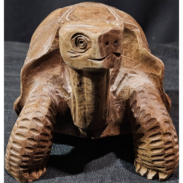 Hand-Carved Wooden Land Turtle Figurine, 10 Inches Long