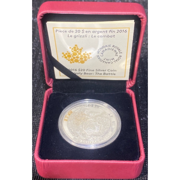 2016 $20 Grizzly Bear: The Battle Fine Silver Coin 31.39 Grams