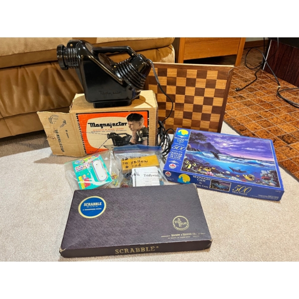 Vintage Games Scrabble, vintage 50’s Magnajector Opaque Projector(needs mirror to work)