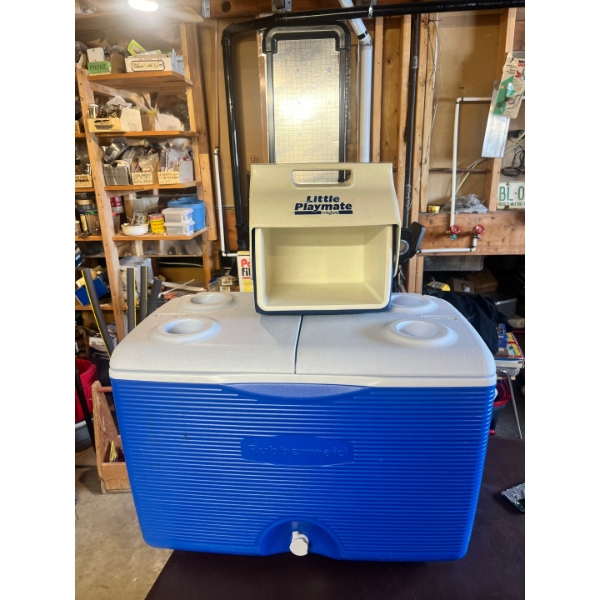 Little playmate by igloo cooler & rubber maid cooler with wheels and cup holders 
