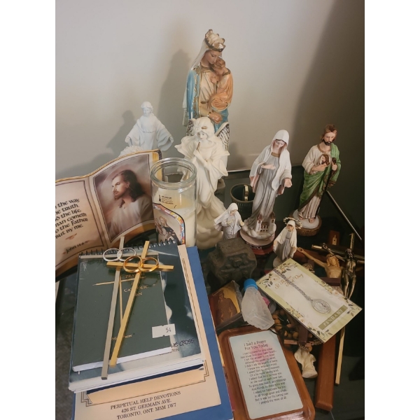 Spiritual Collection: Mary Figurine 11 T (Small Chips), Wooden Jesus Carving14 X 24, Books and More!