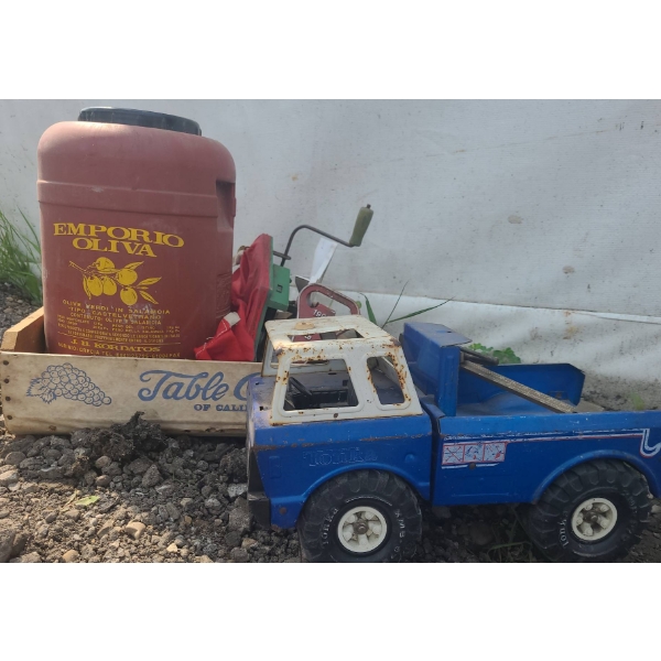 Tonka Blue Metal Toy Truck, Airbani Gauge and Wooden Fruit Crate Lot