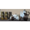 Image 2 : 2 Mini Oil Lamps (H-4") + 10PC Tea Set + Brown Speckled Pottery Mini Jug