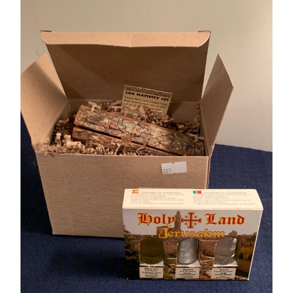 Hand Carved Nativity Log with Jarred Biblical Substances 
