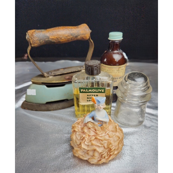 Antique Iron, Vintage Medicine Bottle, Palmolive After Shave, Dominion Insulator, Pin Cushion Figure