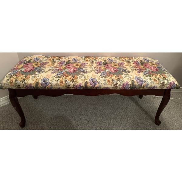 Vintage Mahogany Bench w/ Floral Upholstered Seat 