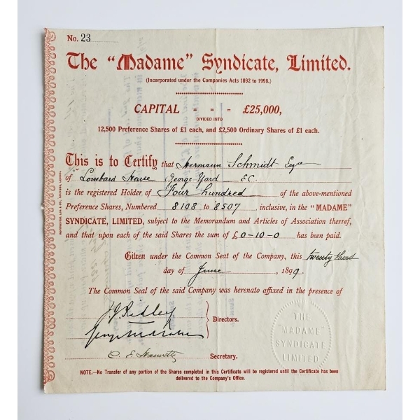 Vintage Stock Certificate For "The Madame Syndicate, Limited", 